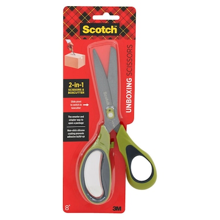 Scotch Non-Stick Unboxing Scissors, 8 in. Long, 2.7 in. Cut Length, Straight Green/Black Handle 7100290441